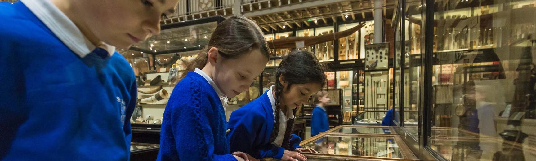 A group of primary school children point at objects in a case in front of them