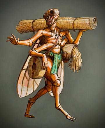 The Mat Maker by Solomon Enos Painting of a humanoid-insect figure carrying a rolled woven mat