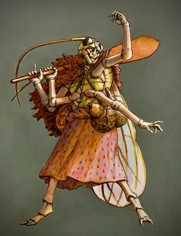 The Paddler by Solomon Enos Painting of a humanoid-insect figure carrying a large paddle across their shoulders
