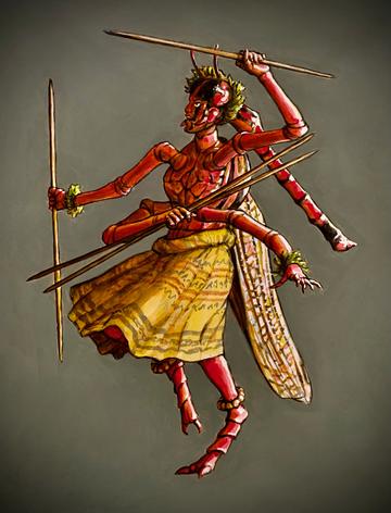 The Spear Catcher by Solomon Enos Painting of a humanoid-insect figure standing on two legs, with four arms, three of which are carrying one or more spears