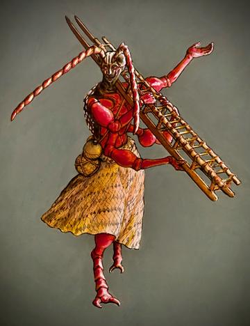 The Teacher by Solomon Enos Painting of a humanoid-insect figure carrying a wooden sledge
