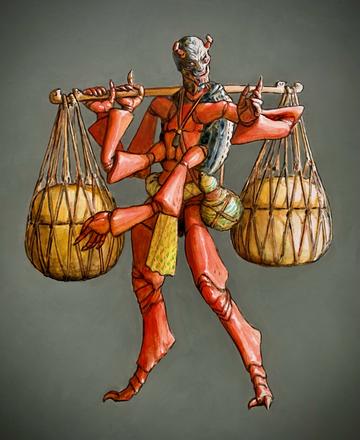 The Transporter by Solomon Enos Painting of a humanoid-insect figure carrying an ‘auamo across his shoulders - a long stick from which containers of ‘uala (sweet potato) hang, ready to be traded.