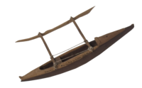 Outrigger Model A small model of an outrigger canoe made of wood.